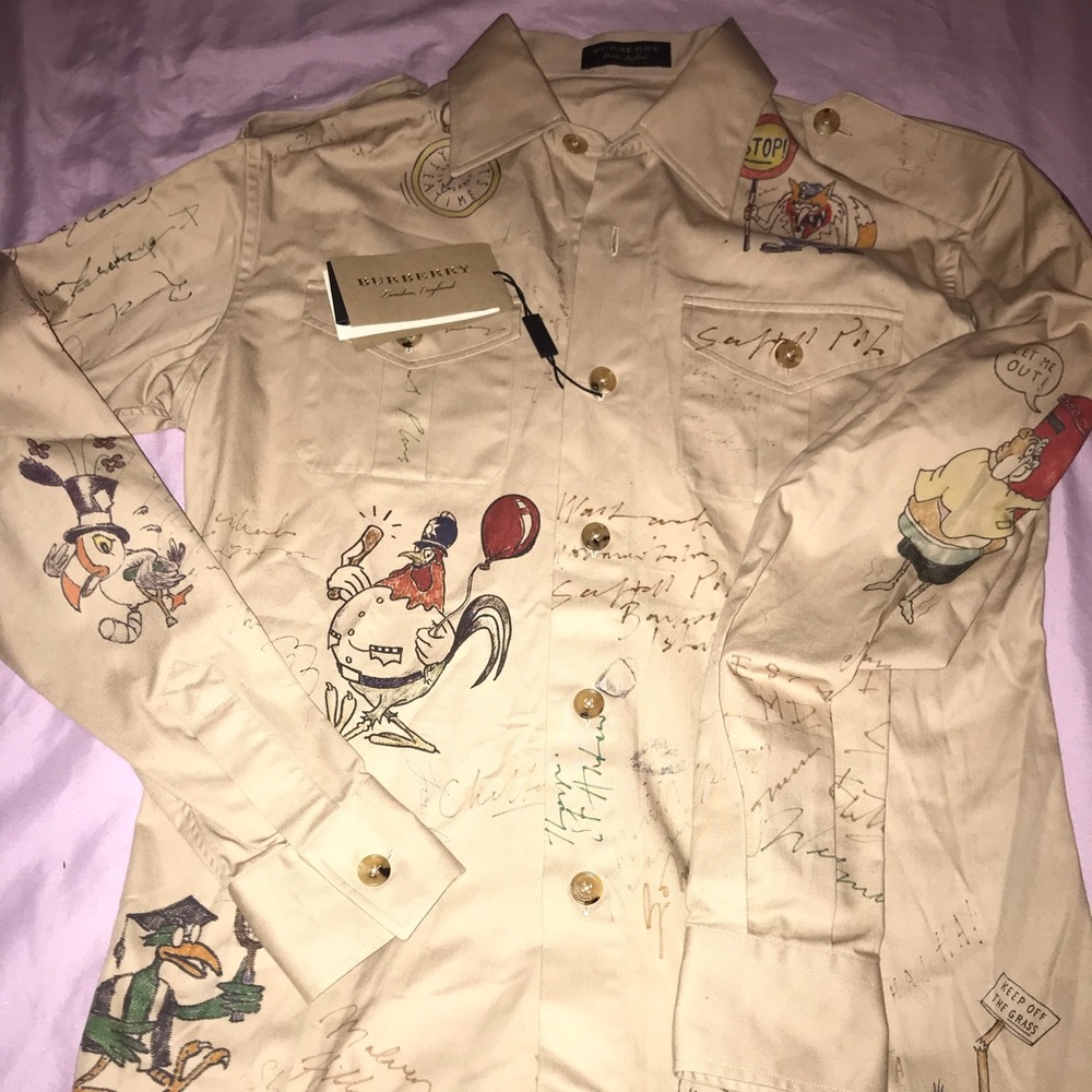 Burberry Beige Cartoon Print Casual Button Down Shirt